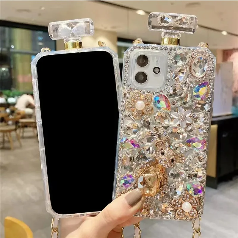 Perfume Bottle Glass Rhinestone Case for Samsung Galaxy S24, S20 Plus, S21 FE, S22, 23Ultra, Note 20, Full Bore Bear Case