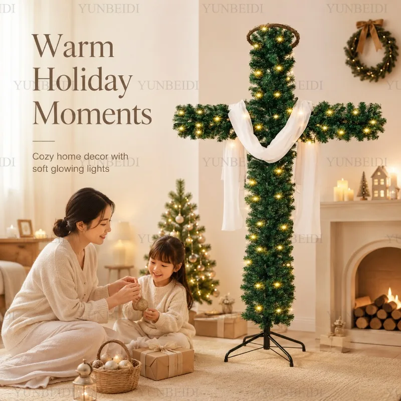 150/180cm Cross Shaped Christmas Tree Pre Lit Warm LED Lights Artificial PVC Xmas Tree Religious Holiday Home Outdoor Decoration