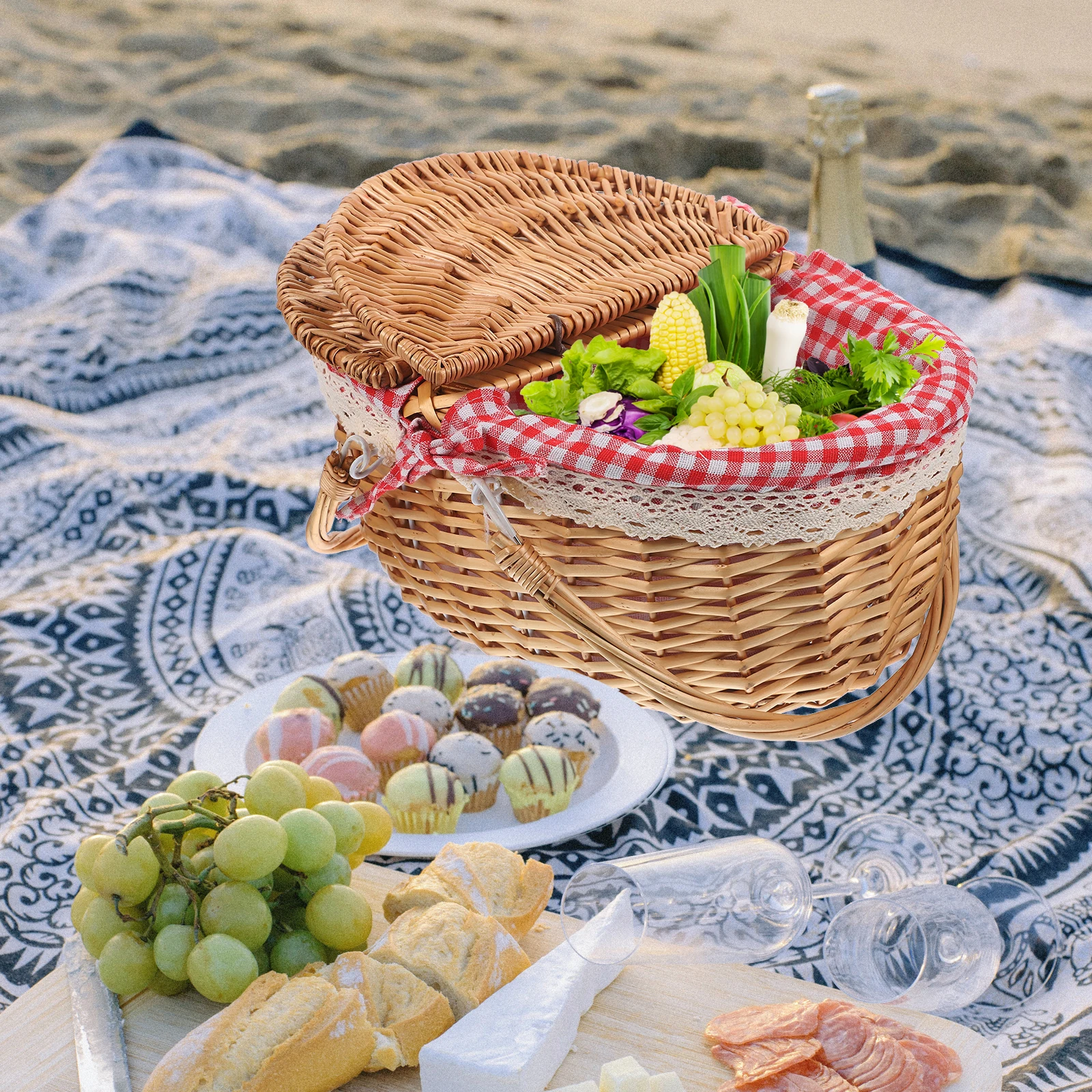 

Rattan Picnic Basket Countryside Beach Woven Handle with Cover Artistic Hamper Lid Wicker Storage Cloth