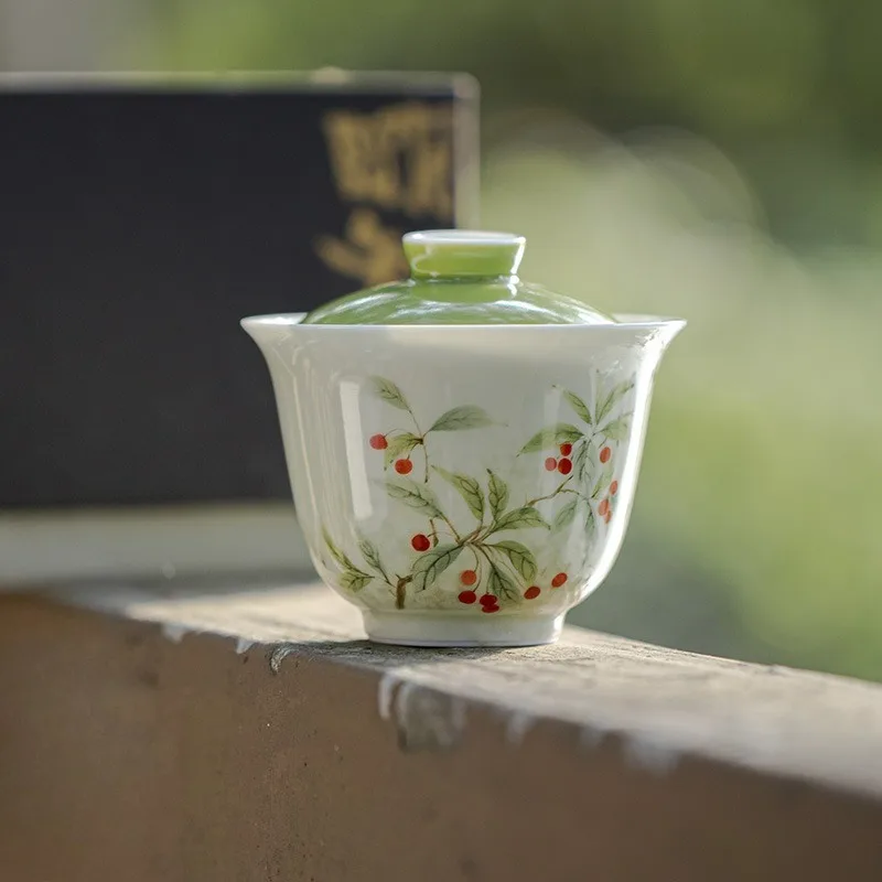 

Cuipiao Cherry Hua Chu Gaiwan Ручная роспись Домашняя керамическая чаша для заваривания Кунг-фу Чайный сервиз с крышкой Термостойкая чашка в китайском стиле