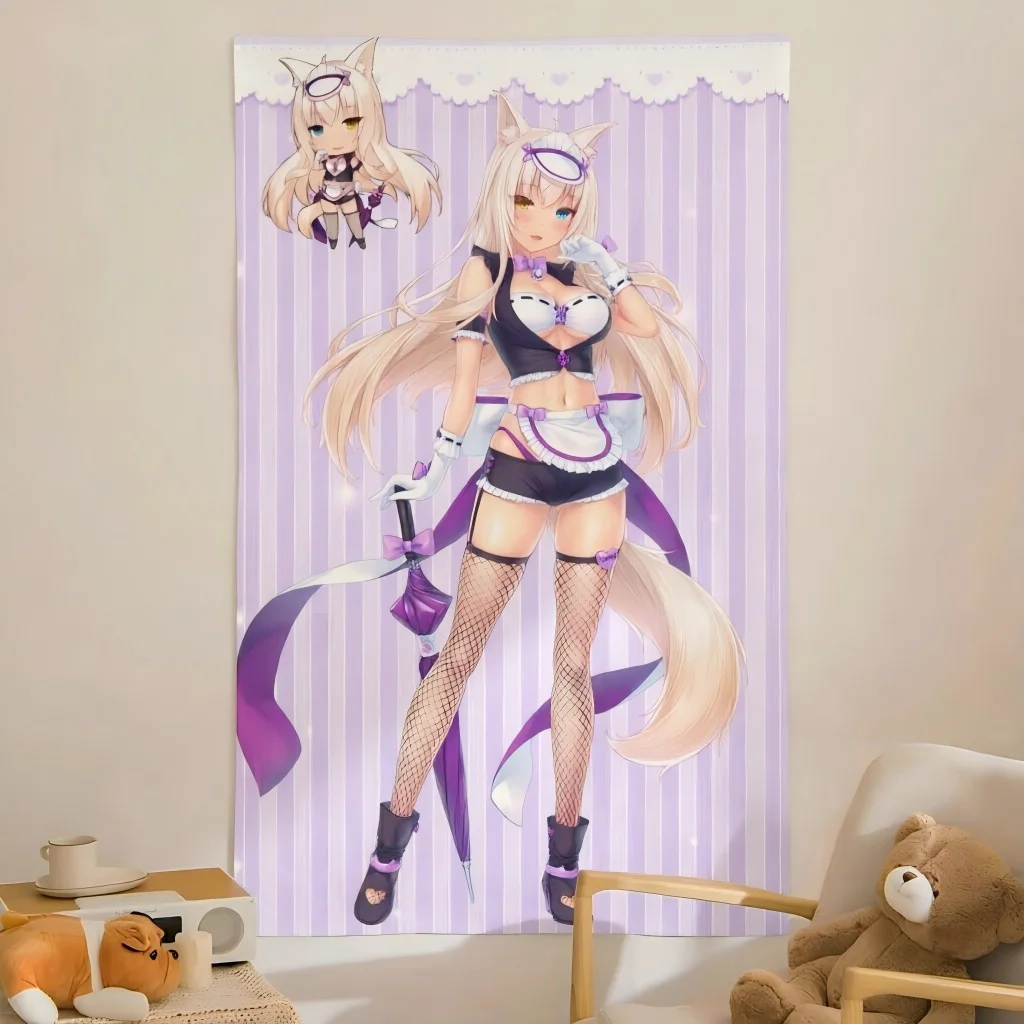 Nekopara Pastel Tapestry Blonde Cat Girl Heterochromia Eyes Purple Maid Outfit Chibi Print Wall Hanging Teen Dorm Bedroom Decor