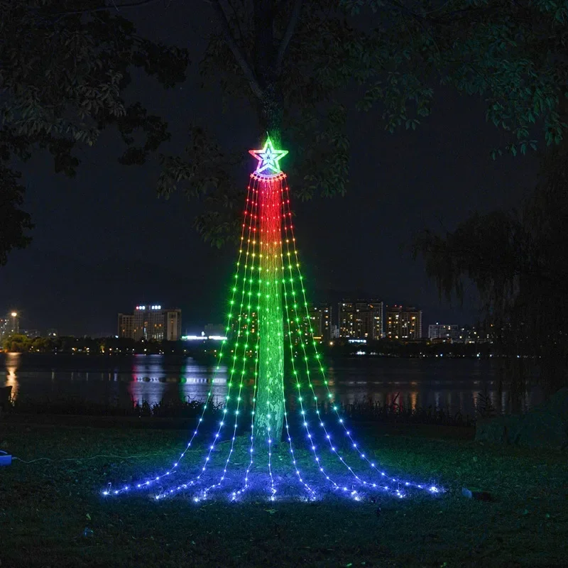 Luz de cascada de árbol de Navidad de pentagrama LED RGB al aire libre para decoraciones navideñas