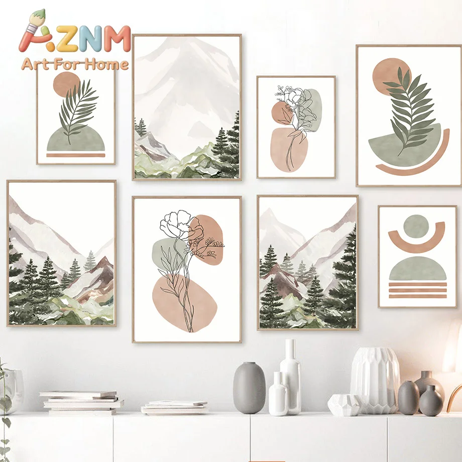 Mountain Forest Sun Leaves Flwoer Geometry Wall Art Canvas Painting Abstract Boho Posters Prints Pictures For Living Room Dec