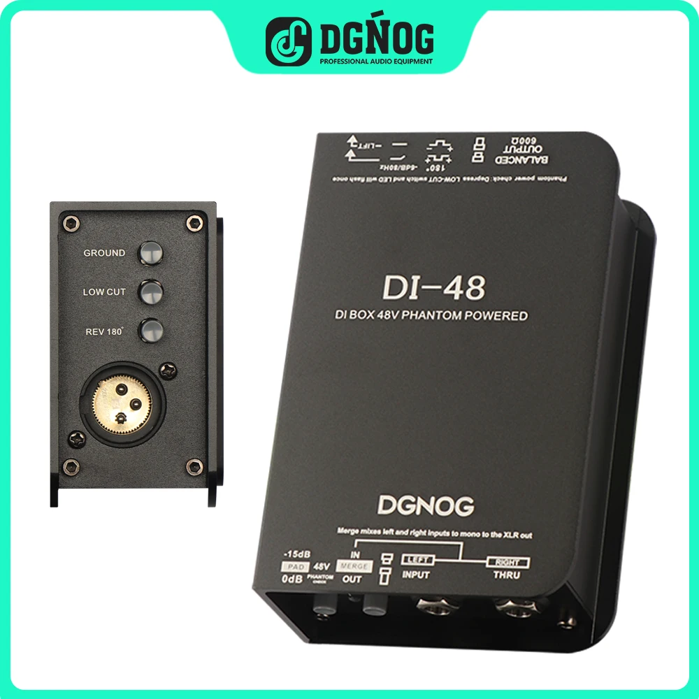 DGNOG DI48 Active Direct Box With 48V Phantom Power -15dB Pad, 180° Polarity Reverse Mix left Right Mono Output DI Direct Box