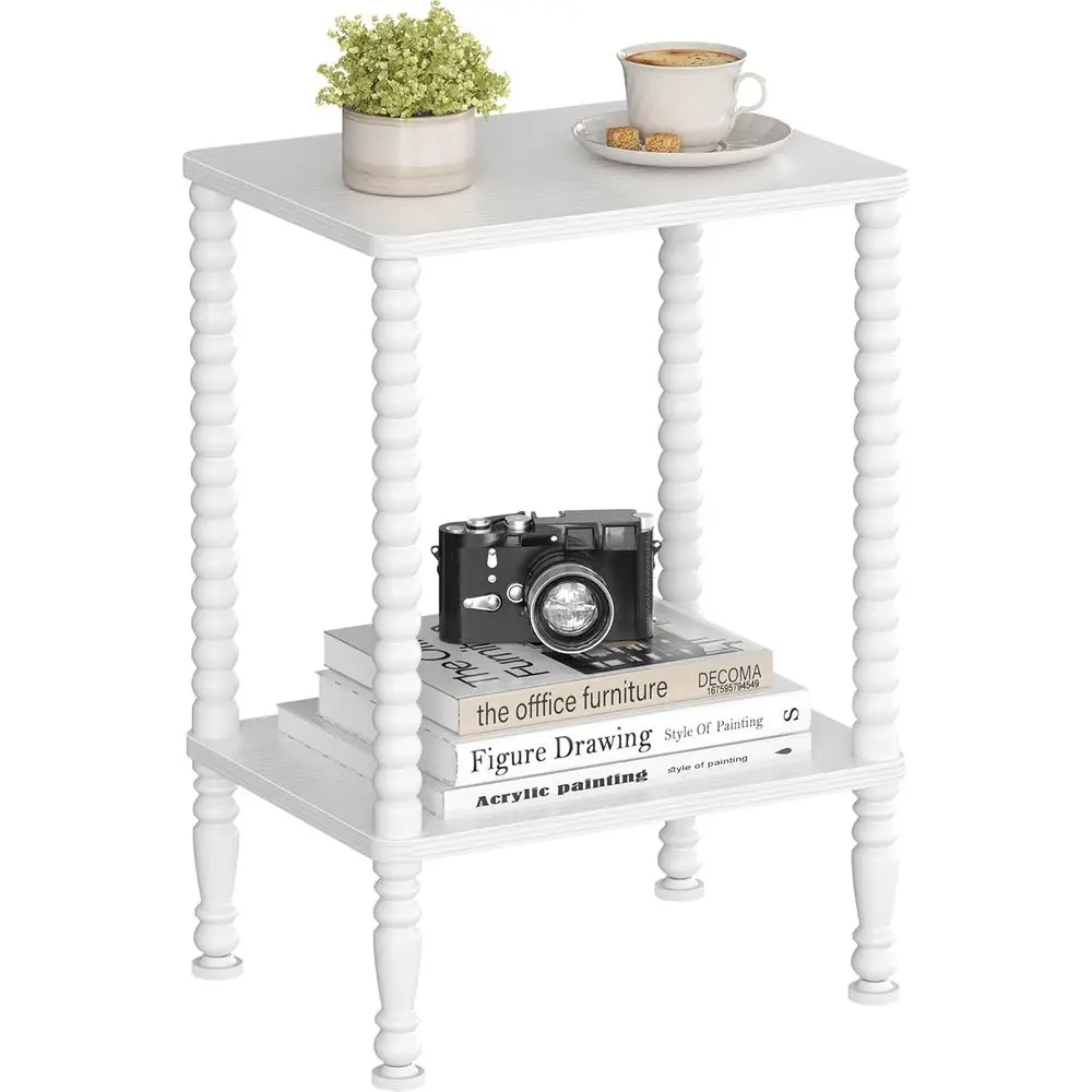 

White 2-Tier Small End Table with Storage Shelves for Coffee or Sofa in Living Room, Bedroom