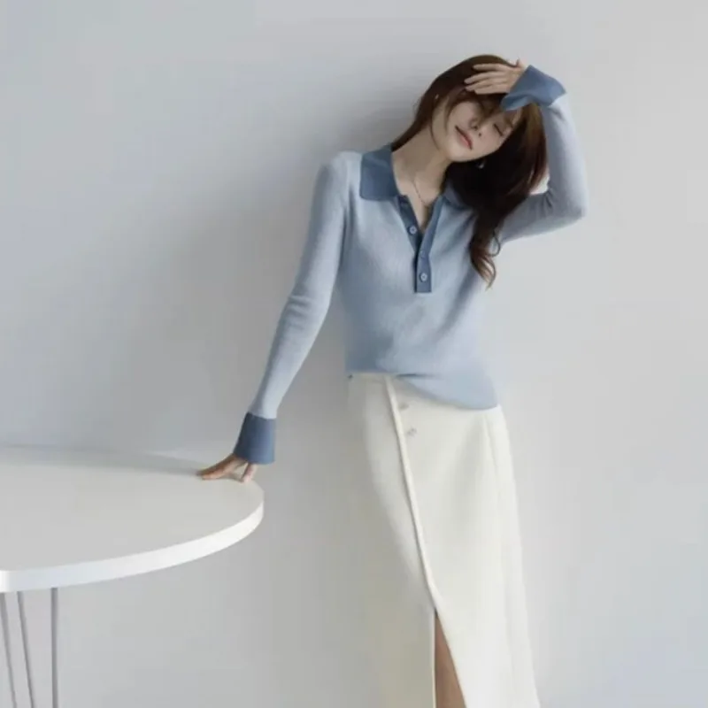 Long Sleeve Female Tee Knitted Button Women\'s Polo Shirts Contrasting Colors T-shirts Youthful Clothes Pretty Polyester on Offer