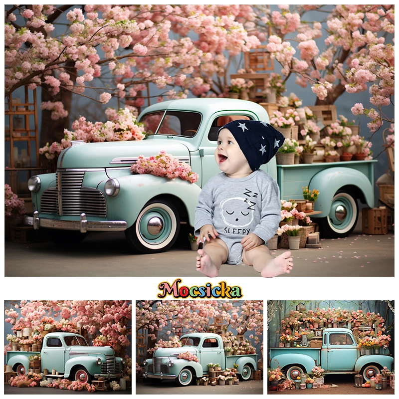 

Mocsicka Pink Flower Truck Background For Photography Baby Shower Newborn Children Birthday Spring Backdrops Decor Photo Studio