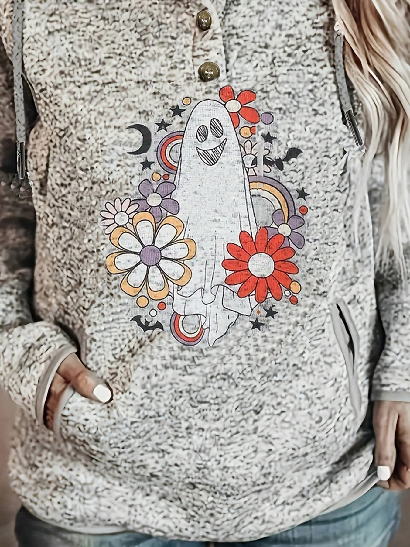 Plus Size Casual Sweatshirt, Women\'s Plus Ghost & Floral Print Long Sleeve Drawstring Hooded Henley Sweatshirt With Pockets