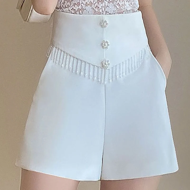 

2024, весна-лето, новые модные широкие брюки, женские повседневные брюки с бриллиантами, белая прямая женская одежда с высокой талией, узкие брюки на пуговицах