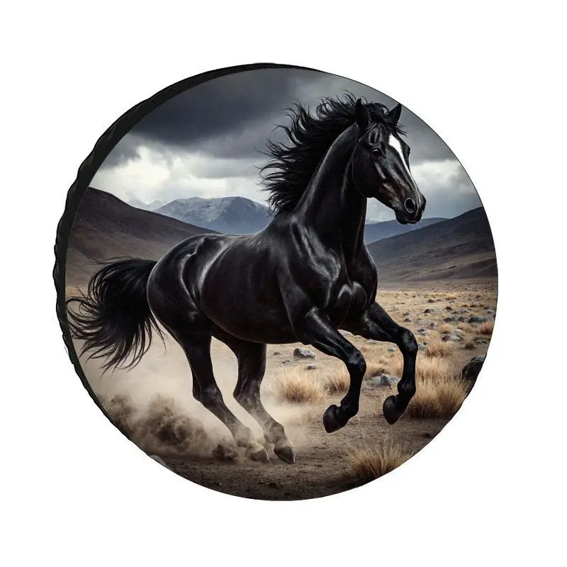Wild Galloping Black Horse Polyester Tire Cover, Sturdy Horse Pattern Dustproof And Sunproof Spare Tire Cover, Wear-Resistant F