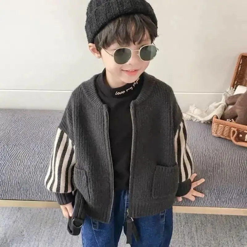 Spring Autumn Patchwork Fashion Stripe Kids Cardigan Harajuku Boy\'s Tops Loose Casual Outerwear Print Long Sleeve Girls Sweater