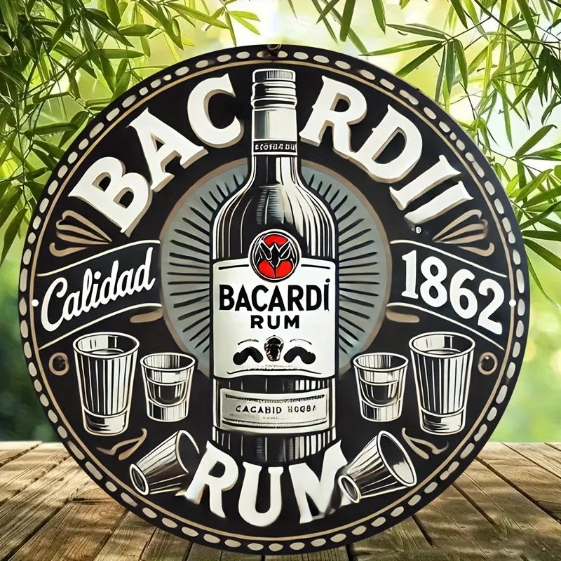 2D Flat - 1pc Bacardi Rum 18.62inch Round Aluminum Sign - Vintage Style with Bacardi Bottle & Glasses Design, Durable Metal