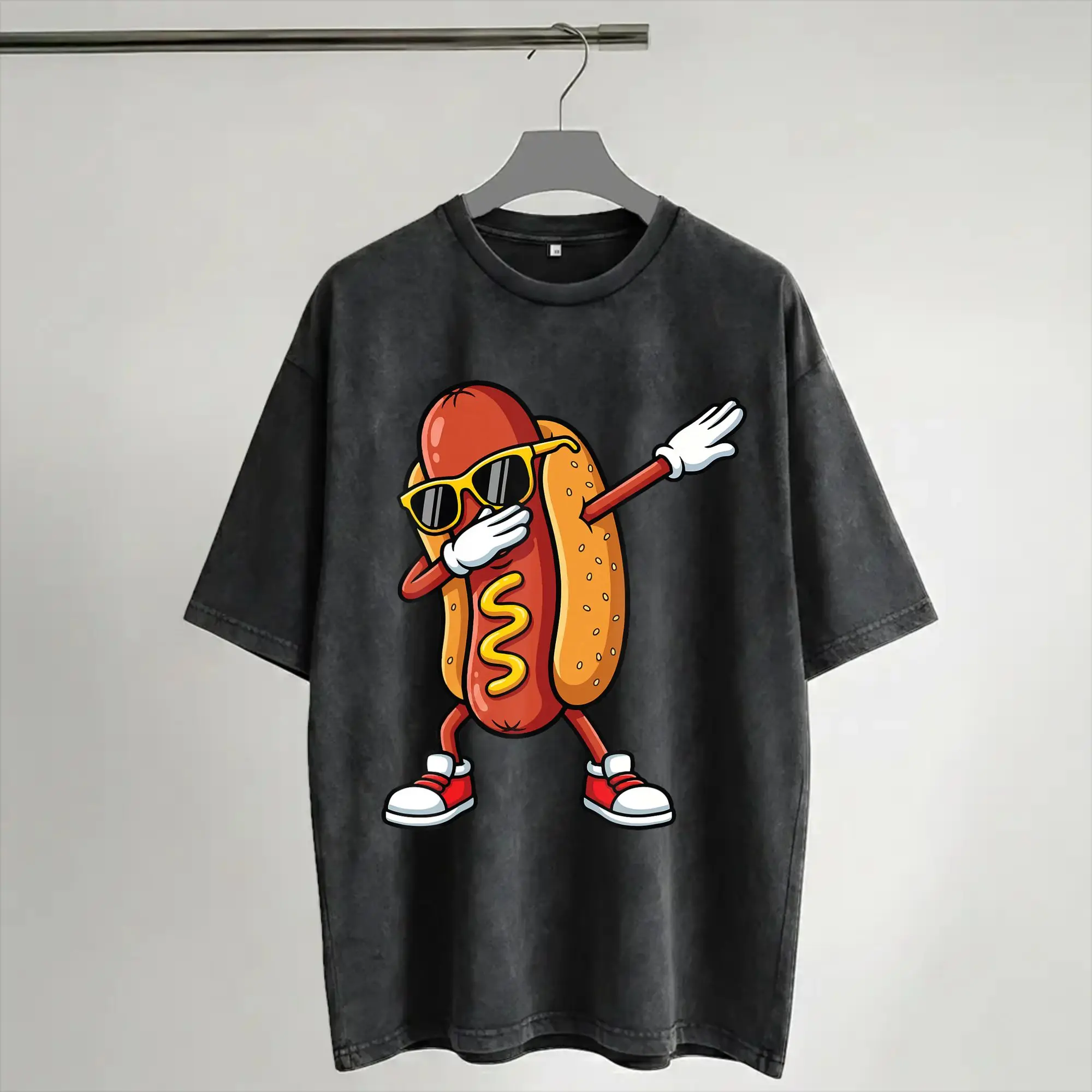 Harajuku Washed Shirts Hotdog Dabbing Hot Dog  Outfit Vintage T-Shirts Harajuku  Streetwear 100% Cotton Printed Tee Shirt