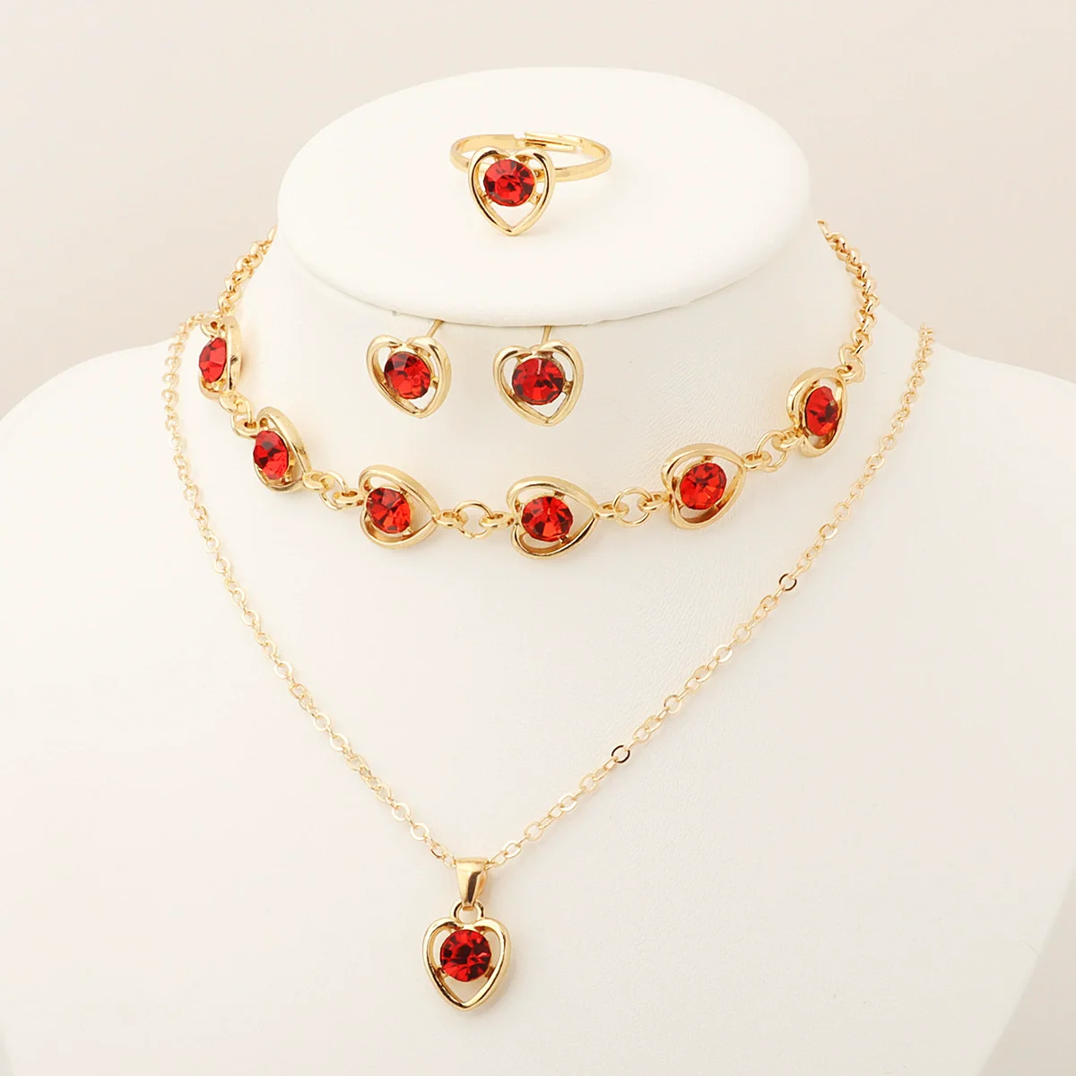 Heart Inlay Red Rhinestones Necklace Ring Bracelet Earrings for Women Jewelry Sets Wedding Party Bridesmaid Elegant Jewelry