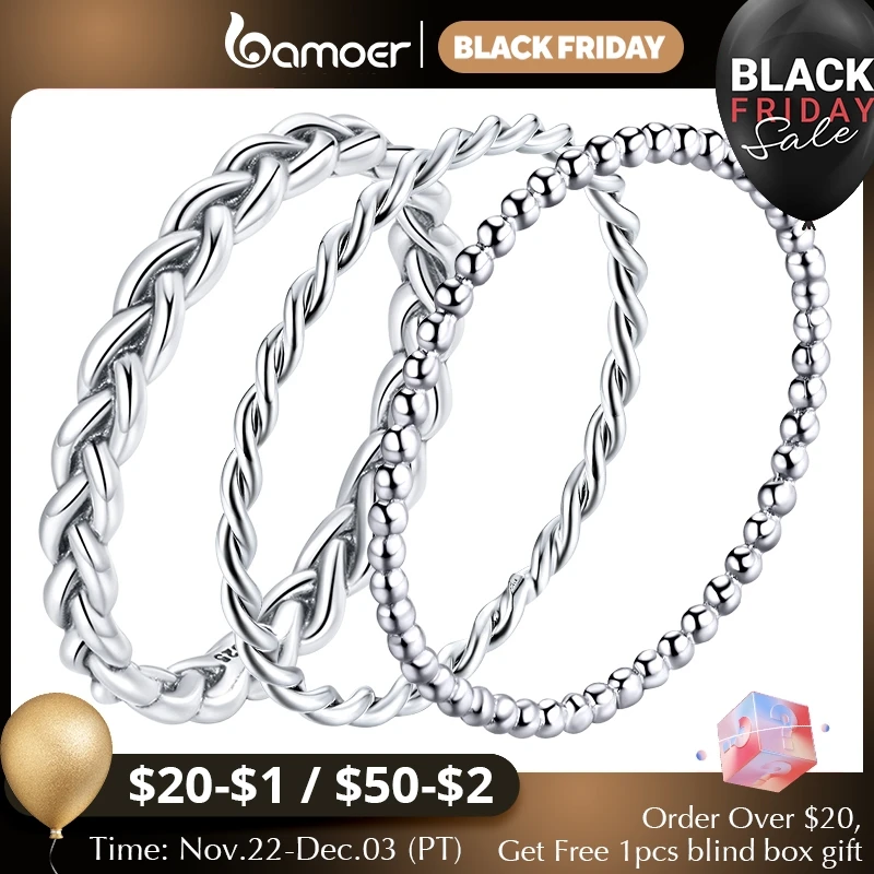 BAMOER 925 Sterling Silver Braided Texture Twisted Eternity Band Stackable Rings Fine Jewelry BSR161