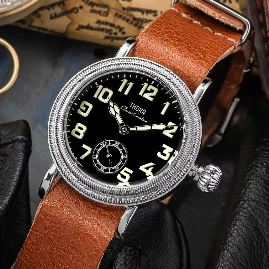 THORN Men Mechanical Watch Pilot 36mm Manual Winding Wristwatch 50m Waterproof Luminous Sapphire Mirror ST1700 Mov