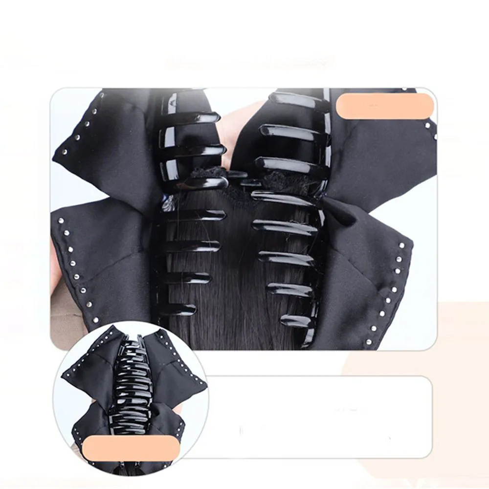 Synthetische Pruik Elegante Vrouwen Parel Zwarte Boog Clip Krullend Pruik Natuurlijke Golvende Nep Paardenstaart Grabber Extensie