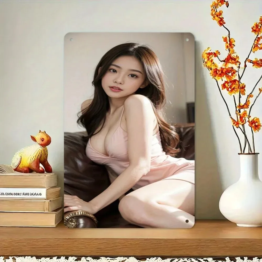 Smloy Pink Dress Woman 2D Metal Wall Art, Elegant Iron Wall Decor for Living Room