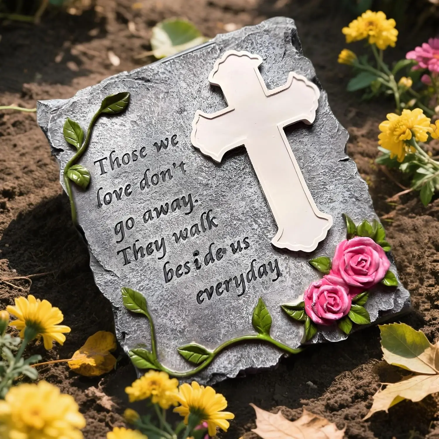 Memorial Cross Solar Lights Outdoor Cemetery Grave Decorations Sympathy Gift for Loss of Loved One Waterproof Stone Plaque Sign