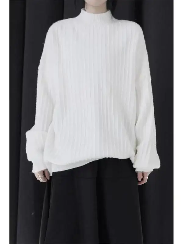 

Свободный цветной свитер с полувысоким воротником, универсальный всесезонный корейский зимний теплый теплый длинный топ све