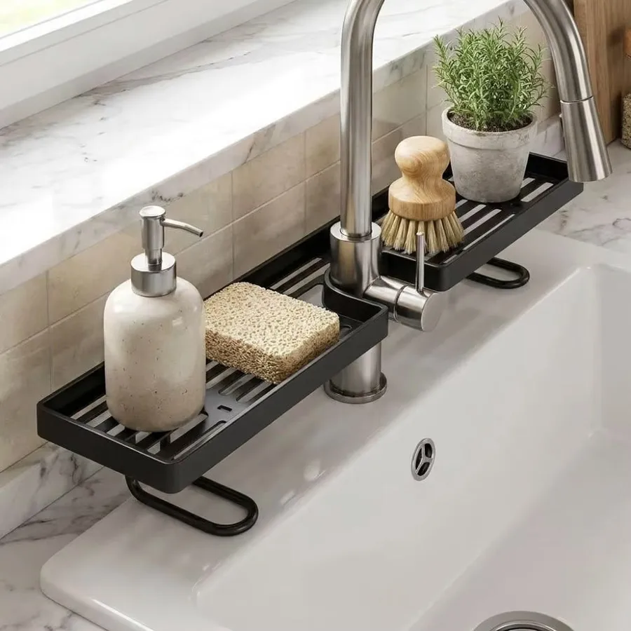 Bohrfreier Spülbecken-Organizer – Freistehendes Kohlenstoffstahl-Ablageregal für Armaturen, Platzsparender Badezimmer-Arbeitsplatten-Organizer – Detail 6