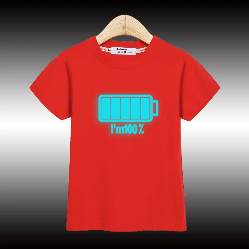 2024 Boys New Night Noctilucent  T-shirt Battery Pattern Tops Children Summer Cotton Shirt 3-14T