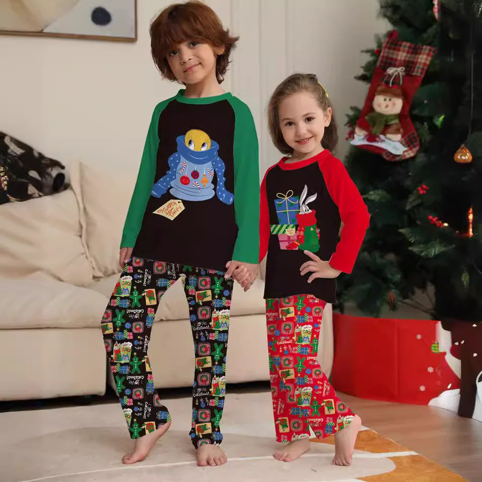 Family matching holiday pajamas red and green set, 2024 new color matching cute pattern Christmas family pajamas pants home wear