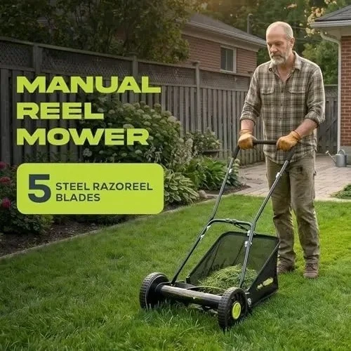 Manual Push Reel Lawn Mower with 6.6-Gal Grass Catcher, 16-Inch Cutting Width - Heavy-Duty Yard Trimmer Machine for
