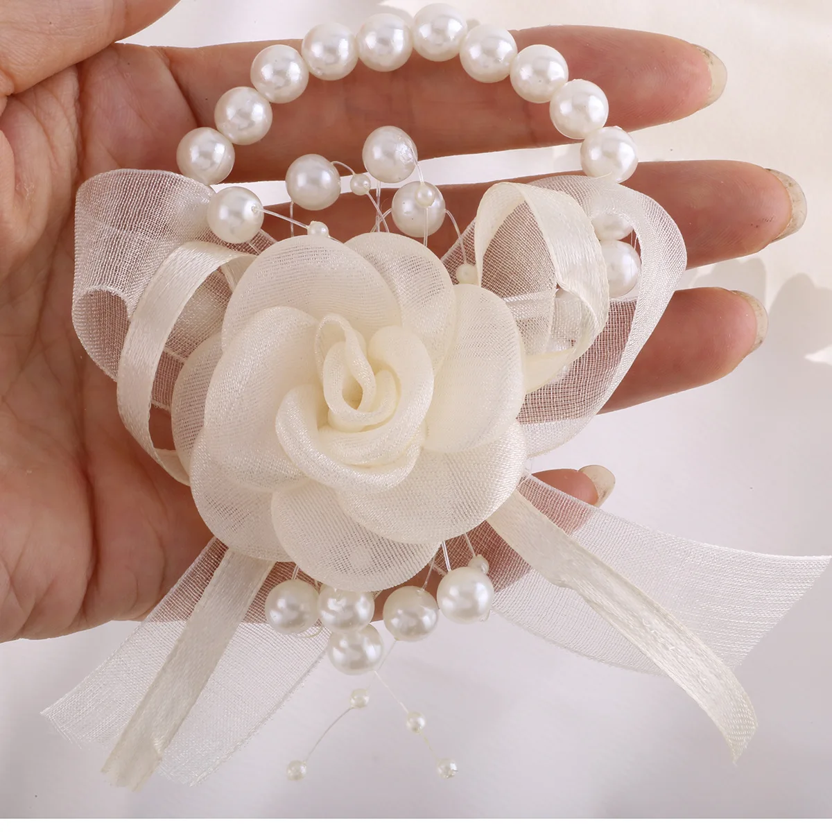 Corsage de Poignet en Perles Crème, Fleurs Artificielles, Accessoires de Mariage pour Demoiselle d'Honneur