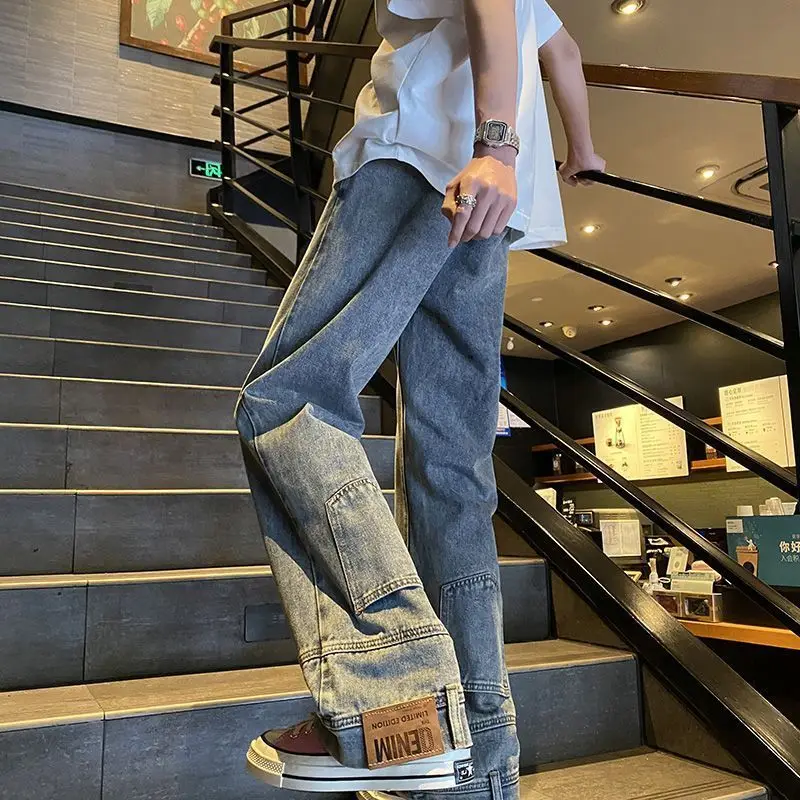 Autumn vintage high street straight washed denim jeans for men and women trendy hip-hop personality inverted loose casual pants