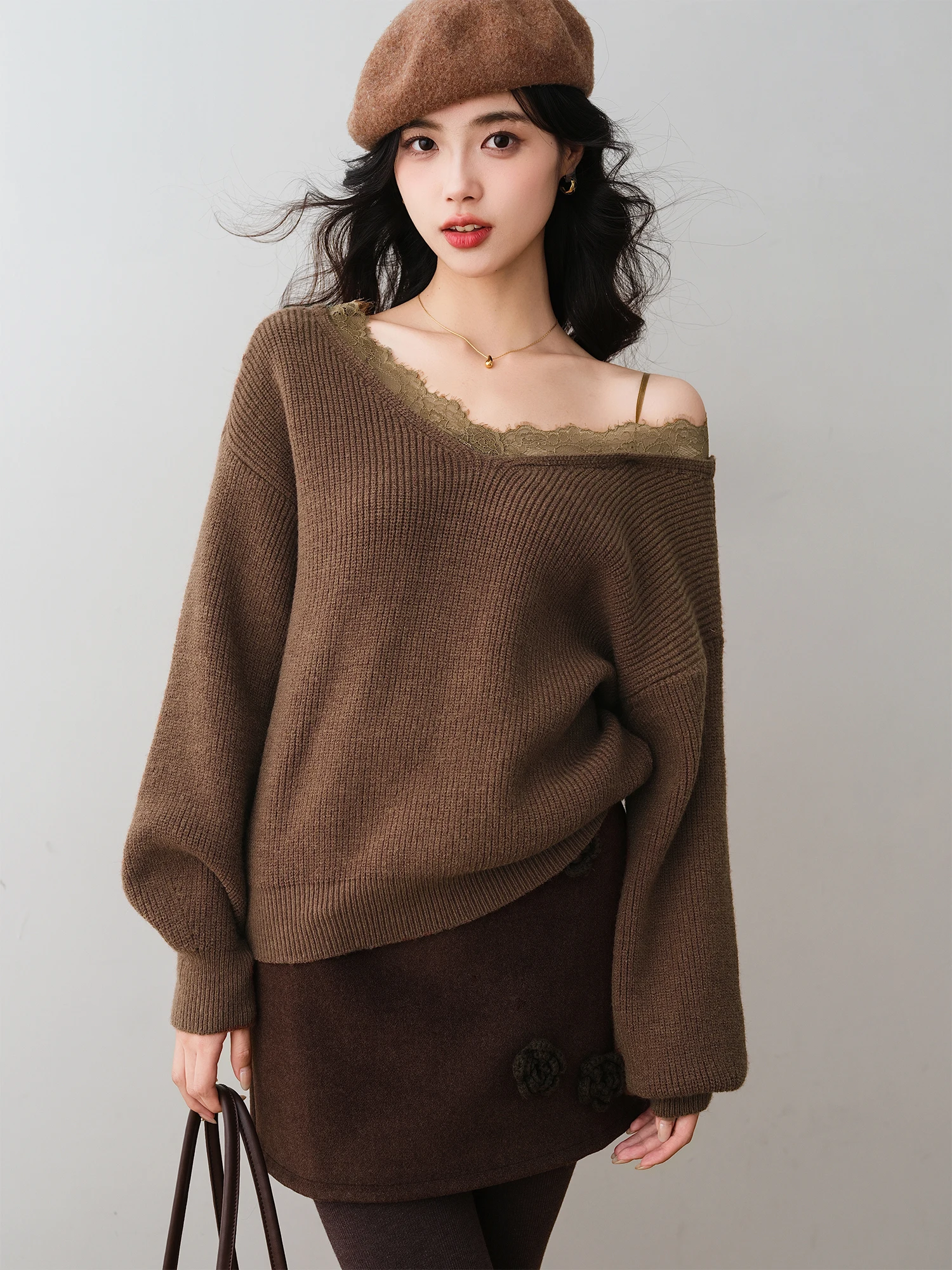 

Elegant Lace Splice Knitted Sweater Women's Lazy Chic Style Winter Fashion Top RONRON Soft Wool Acrylic Long Sleeve Crew Neck