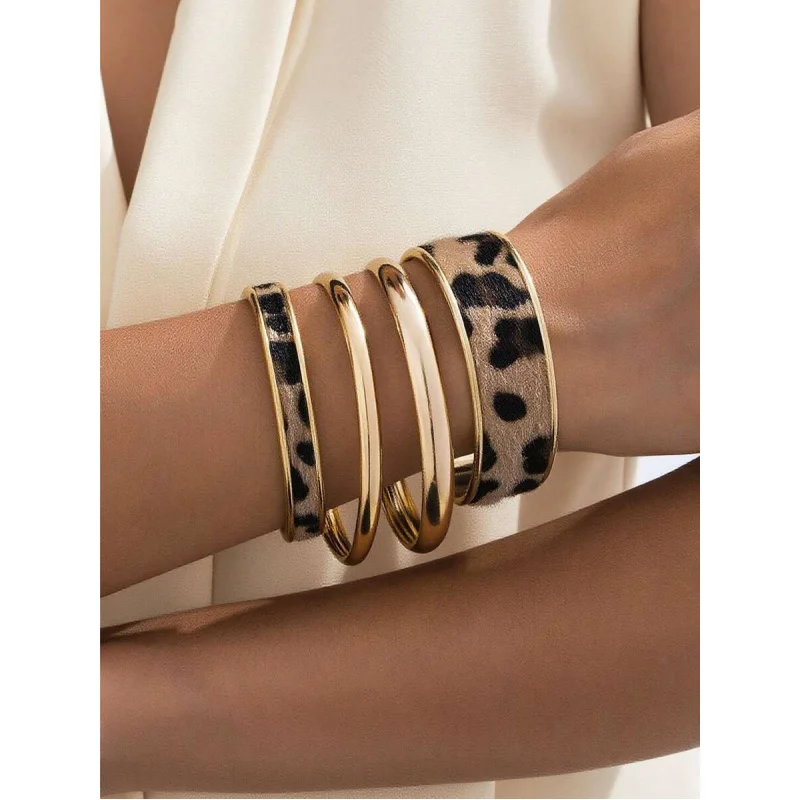 4pcs Luxury Leopard Print Solid Metal Bangle Set, a Bold Statement for Banquet, Party & Daily Glam