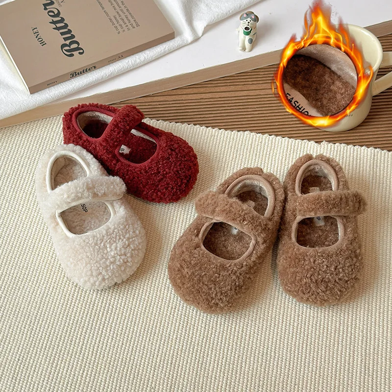 

Girls Flat Shoes Suede Warm Soild Color Kids Casual Shoes Korean Style Fashion 2025 Winter New Children Princess Shoes Soft