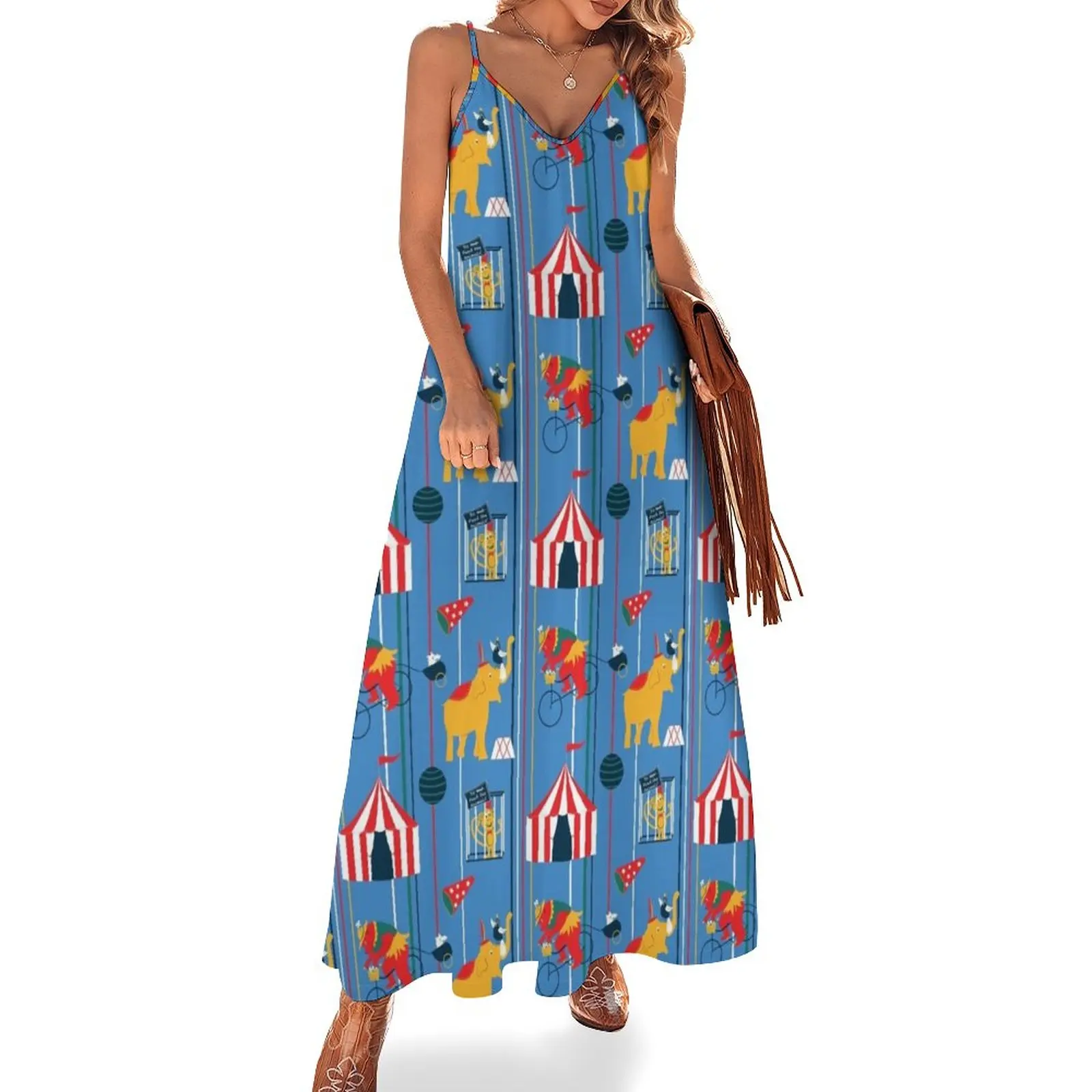 

Retro Circus - Bears Elephant, circus Tent -Blue Pattern Sleeveless Dress dress korean style women's luxury party dress