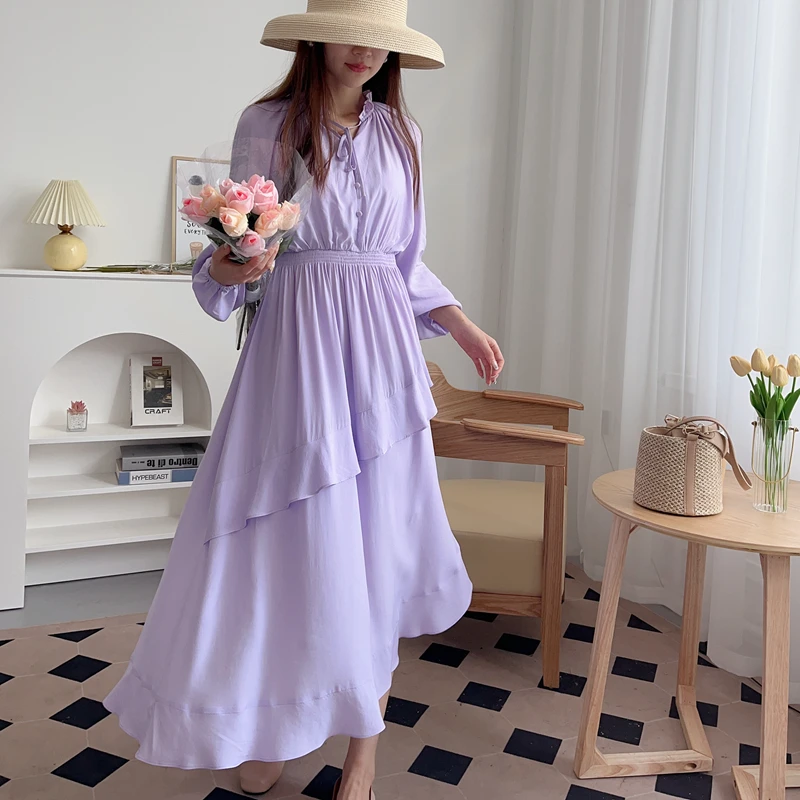 Romantico abito MICOAT puro originale lungo Sve V-Ne con dettaglio bottoni e lanterna Sve a vita alta A-Line Dr per l'autunno