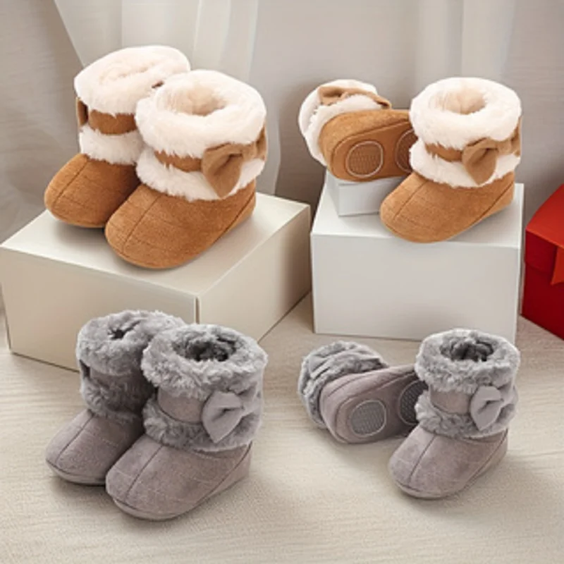

Baby Learning Walk Shoes, Warm Lined Velvet Bow Winter Infant Cotton Boots, Cozy Footwear for Baby Girls 0-18 Months
