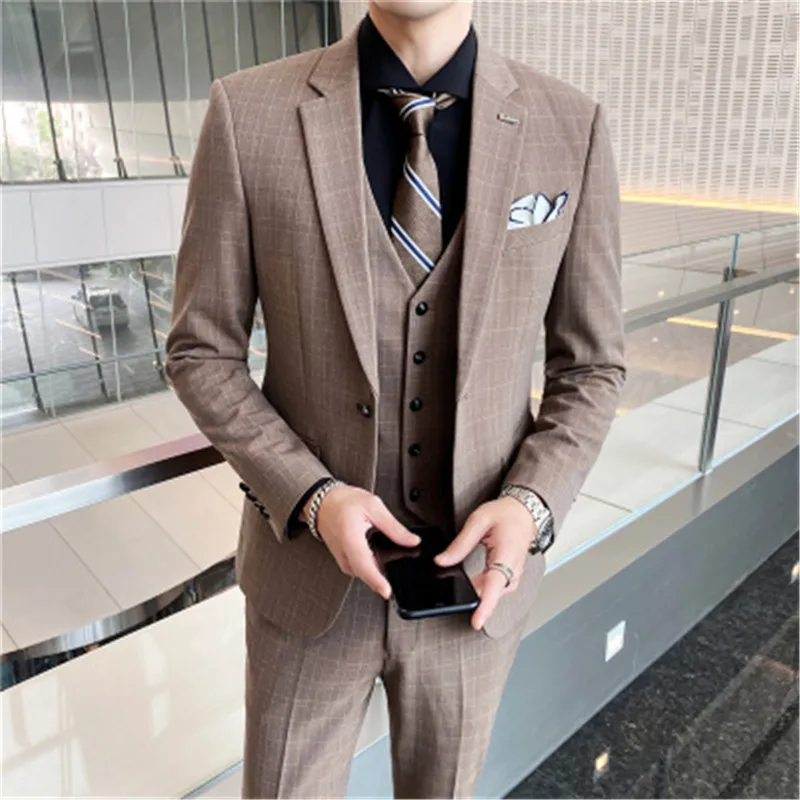 

Retro Plaid Wedding Prom Dress Suits Groom Tuxedo Coffee Blazer Set 3 Pieces Suits Men Party Costume Designer Men's Clothing