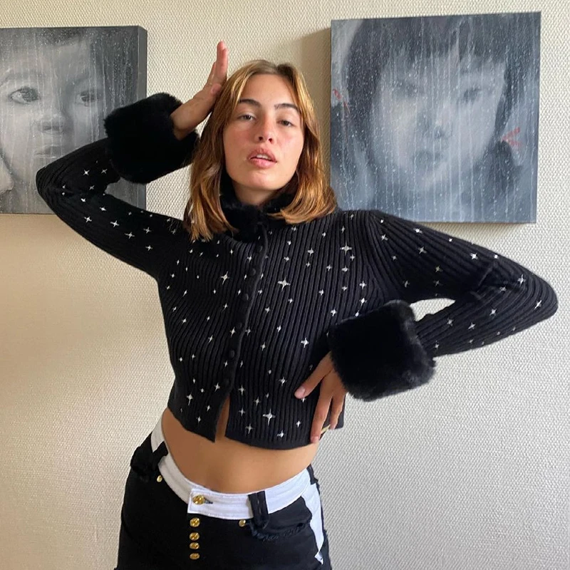 

Elegant Autumn Sweater Cardigan Women Long Sleeve Star Embroidery Fur Collar Knitted Cropped Hoodies Harajuku 2023 Streetwear
