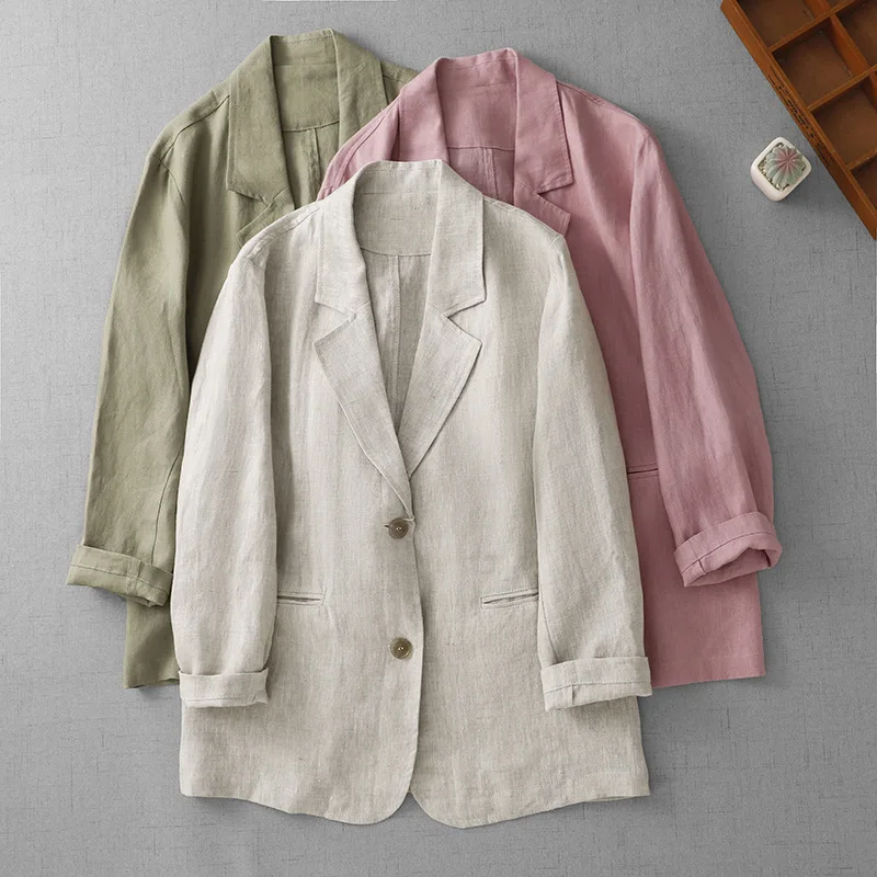 2026 Vintage Summer Thin Cotton Linen Suit Jacket Women's Sunscreen Coat Single-breasted Loose Tops Female Comfy Casual Blazers