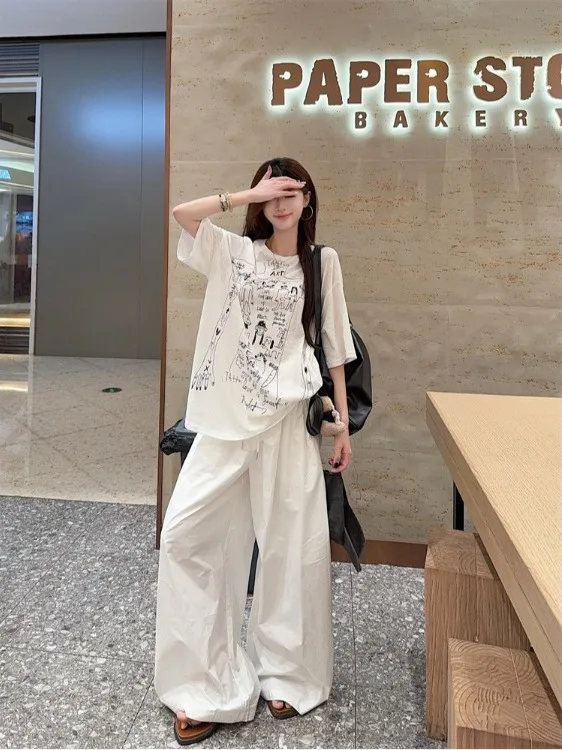 

plus Size Casual Loose T-Shirt Short Sleeve See-through Print Large T-shirt White Casual Long Pants Two-piece Set Trendy