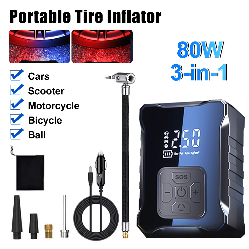 

Cordless Car Tire Inflator Air Compressor Pump 80W Portable Cordless Inflator with LED USB Out For Car Bicycle Motorcycle Ball