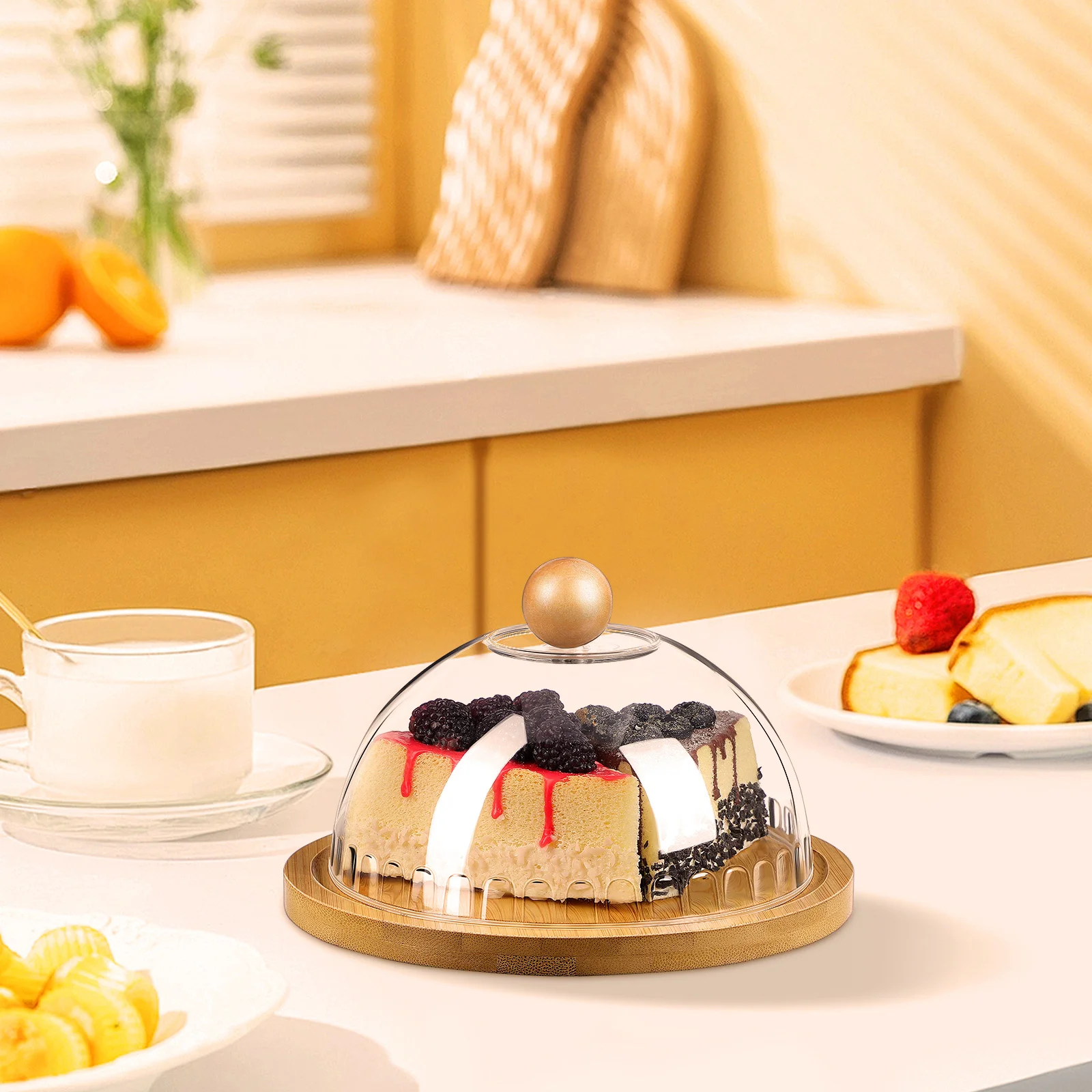 

DECHOUS Plastic Dome with Wooden Base Clear Bell Jar for Cake Dessert Display Candy Cheese Plants Cover