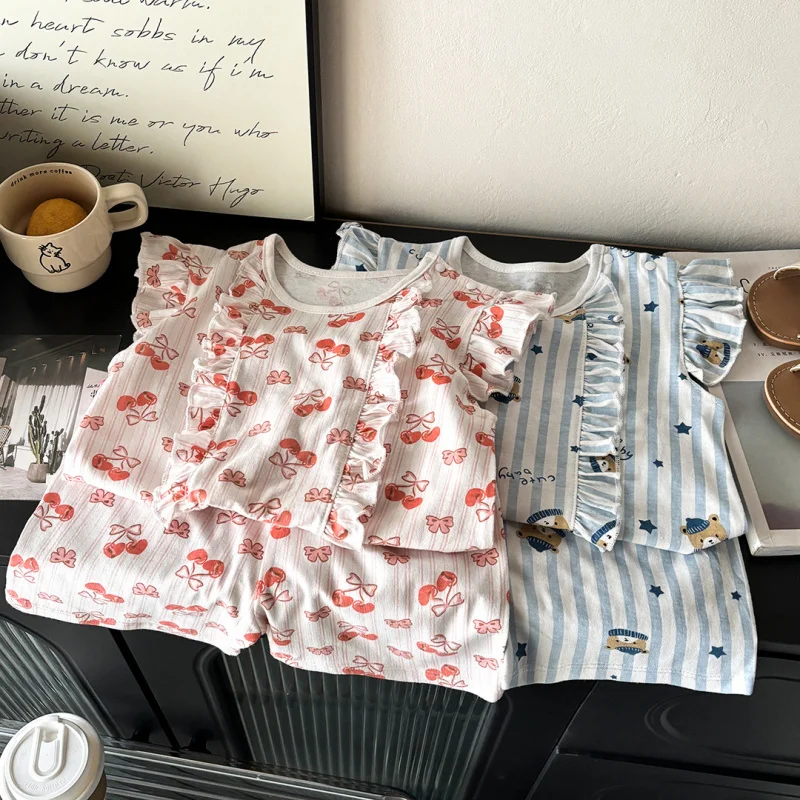 New girls' flutter-sleeve set, pure cotton children's short-sleeve summer outfit, girls' two-piece set, baby shorts, infant clot