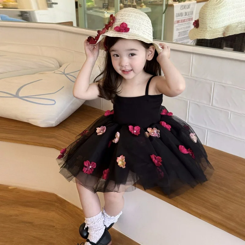 Girls Sling Tulle Dress 2026 New Summer 3D Floral Mesh Gown Princess Black Puffy Birthday Party Vestidos Kids Casual Clothing