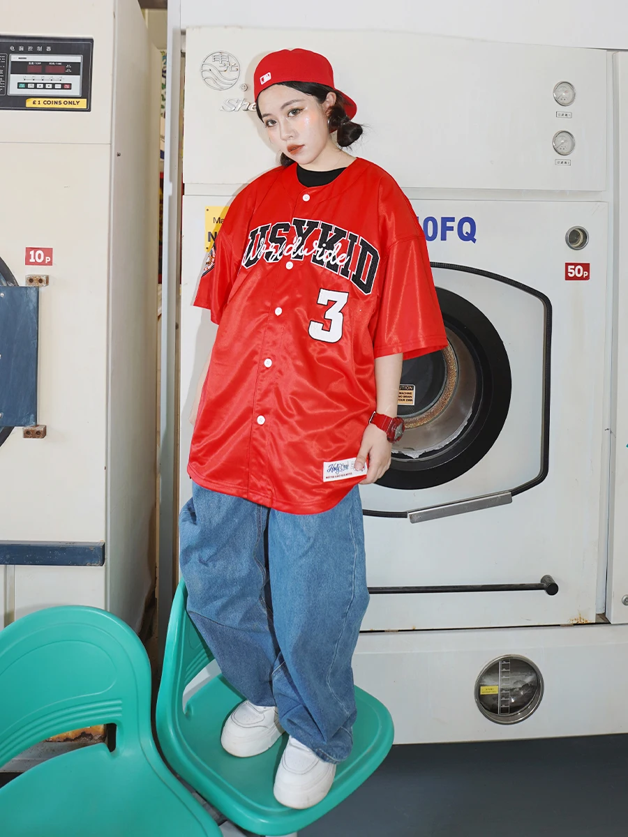 Busykid Hip Hop Baseball Style Short Sleeve Embroidered T-Shirt Street Dance Red Color V-Neck Loose Fit Polyester Summer Top