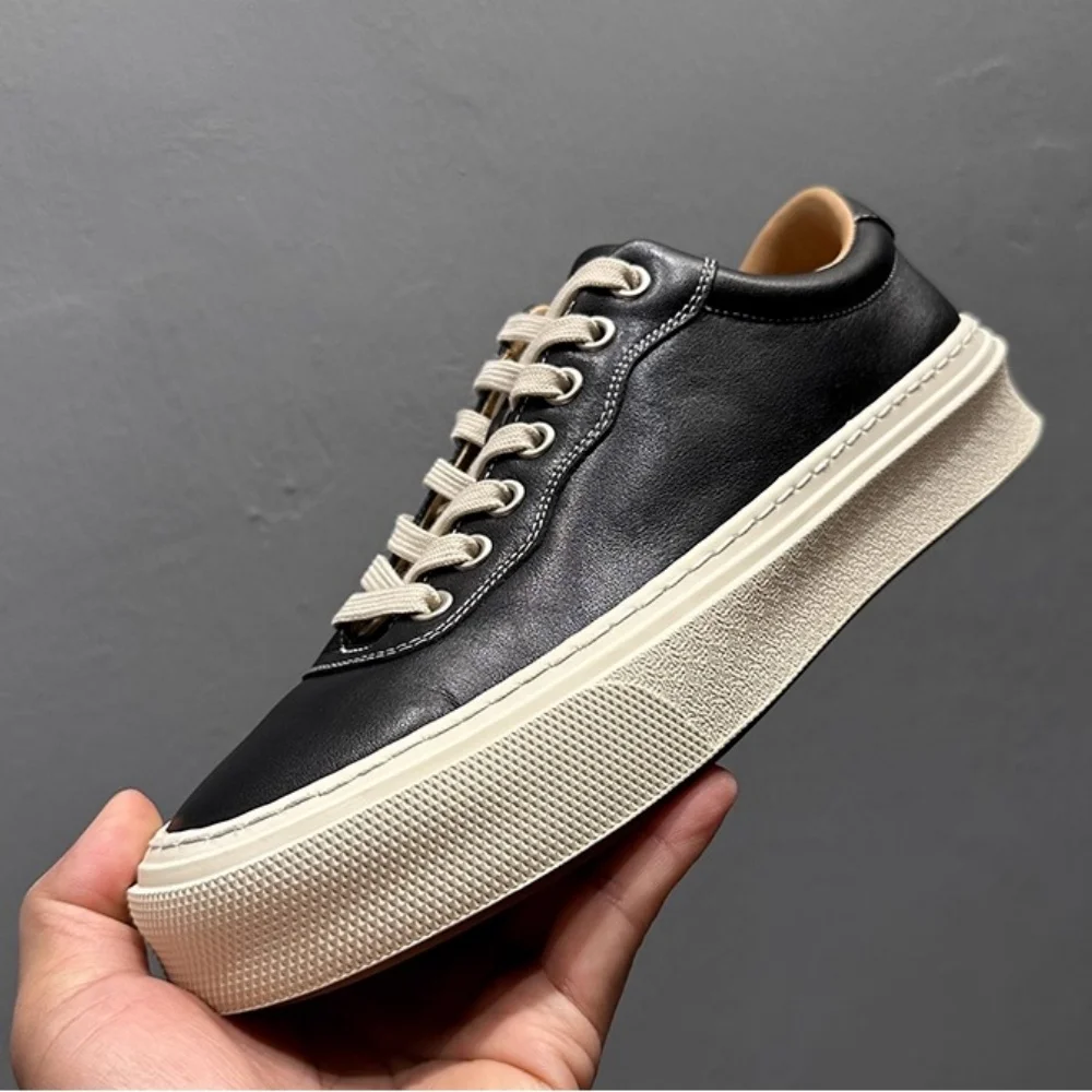 QHCCID Men's Korean Fashion Cow Leather Casual Sneakers White Thick Sole Trendy Autumn Shoes