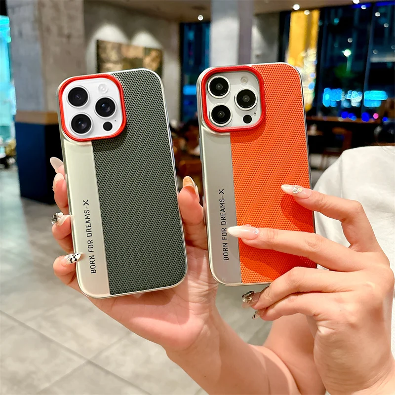 Luxury Electroplated Triangle Pattern Double Panel Phone Case for iPhone 16 15 14 Pro Max Ultra-thin Cooling Protective Cover