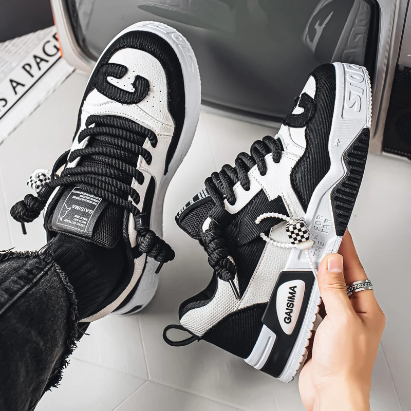 Fashion Men Thick Sole Skate Shoes Canvas Splicing Lace‑Up Platform Casual Sports Footwear 39‑48