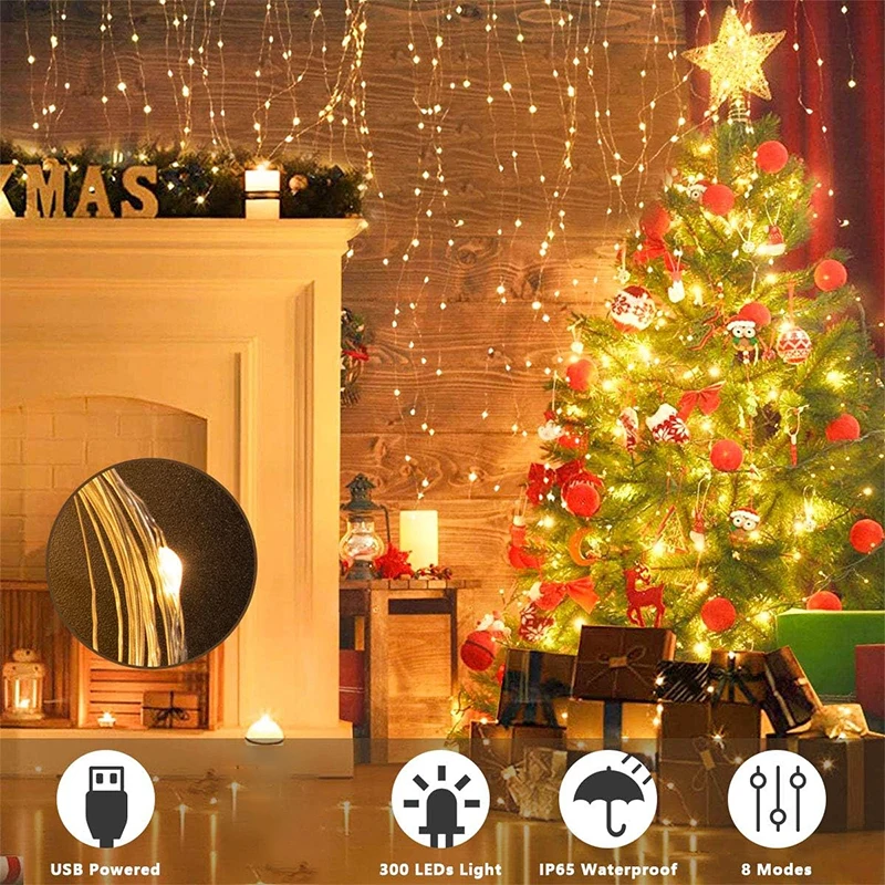 Guirnalda de luces LED de 3M para decoración de hadas, cortina de vacaciones USB, lámpara de 8 modos para el hogar, jardín, fiesta de Navidad, Año Nuevo, boda