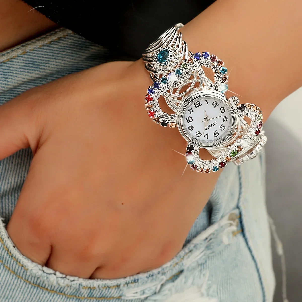 Women\'s Watch Baroque Rhinestone Quartz Cuff Bangle Watch Butterfly Shaped Analog Party Dress Wrist Watch